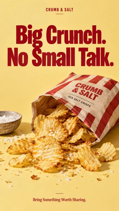 Crumb and Salt crisps ad: Big crunch. No small talk.