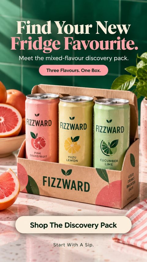Fizzward drinks ad: Find your new fridge favourite. Shop the discovery pack.