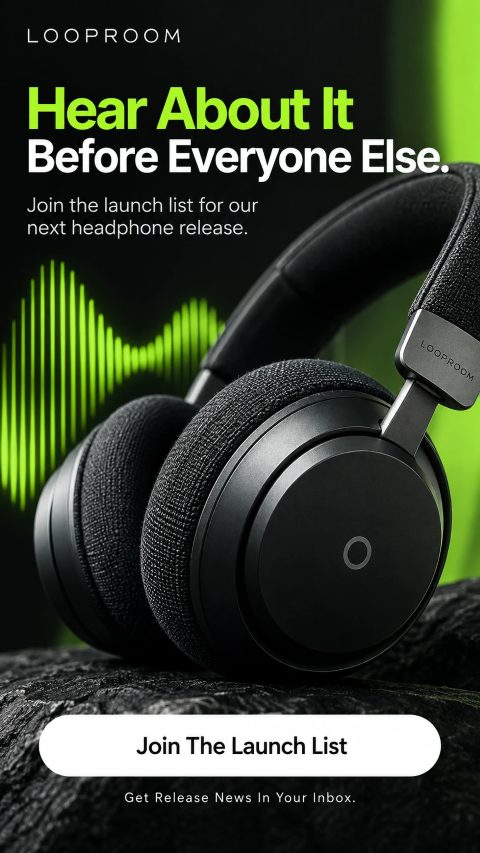 Looproom headphones ad: Hear about it before everyone else. Join the launch list.
