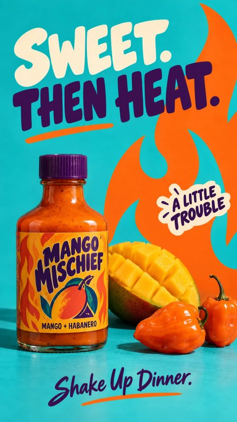 Mango Mischief hot sauce ad: Sweet. Then heat.