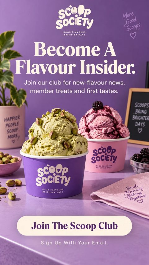 Scoop Society ice cream ad: Become a flavour insider. Join the scoop club.
